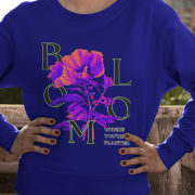 Women’s Vibrant Floral Sweatshirt in navy blue with Stay Bright design by PodLyft, showcasing striking floral graphics for a versatile look.