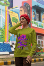 Women’s Vibrant Floral Sweatshirt in olive green with Stay Bright design by PodLyft, featuring earthy floral graphics for a unique style.
