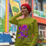 Women’s Vibrant Floral Sweatshirt in olive green with Stay Bright design by PodLyft, featuring earthy floral graphics for a unique style.