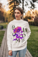 Women’s Vibrant Floral Sweatshirt in white with Stay Bright design by PodLyft, displaying bright floral graphics for a clean, casual look.