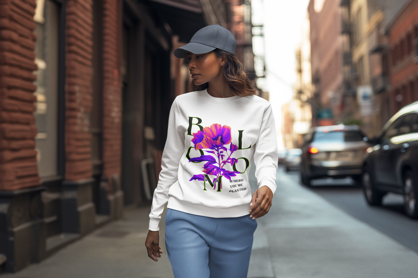 A woman walks confidently down a city street wearing a white Vibrant Floral Sweatshirt with a bold purple and pink floral design and the word “BLOOM” printed across the front. The phrase "Where You're Planted" is subtly included in the artwork. She pairs it with blue pants and a grey cap, giving a chic urban vibe.
