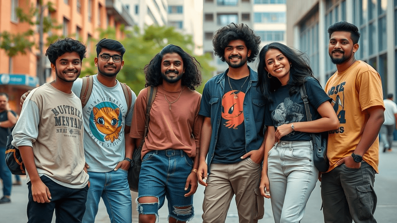 A diverse group of friends (Indian origin) in an urban setting, wearing sustainable streetwear.
