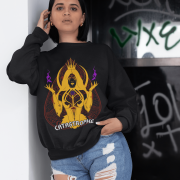 Women’s Catastrophe Mystic Sweatshirt in black with bold style design by PodLyft, featuring mystical graphics, perfect for casual wear.
