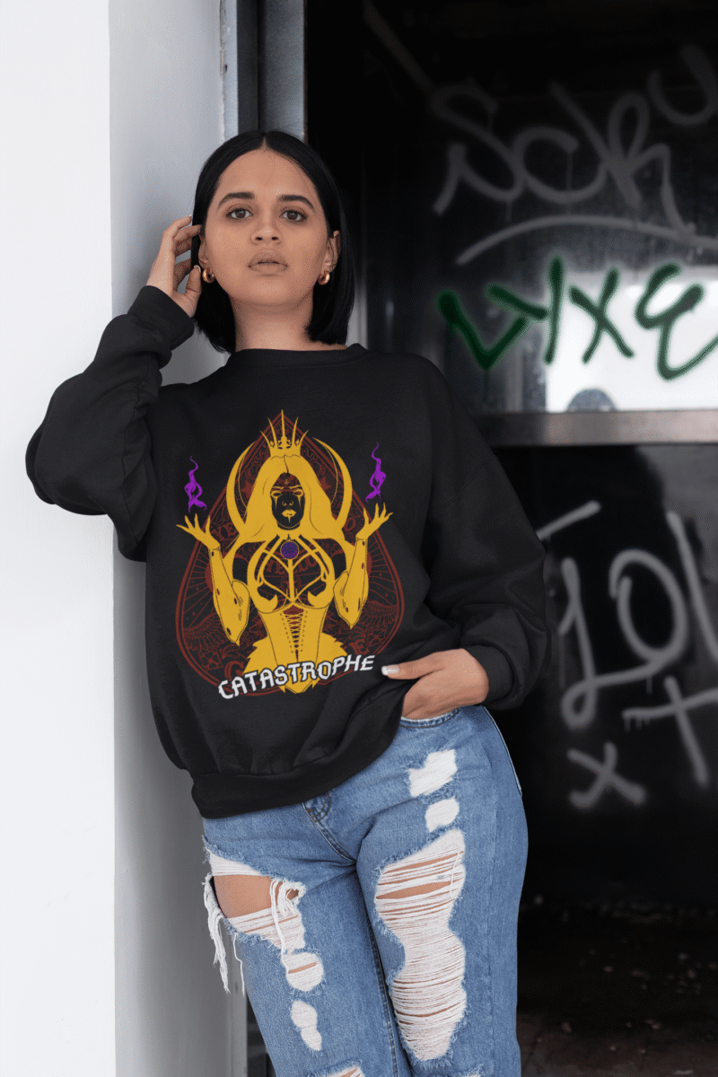Women’s Catastrophe Mystic Sweatshirt in black with bold style design by PodLyft, featuring mystical graphics, perfect for casual wear.