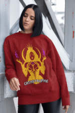 Women’s Catastrophe Mystic Sweatshirt in maroon with bold style design by PodLyft, showcasing mystical graphics for a trendy look.