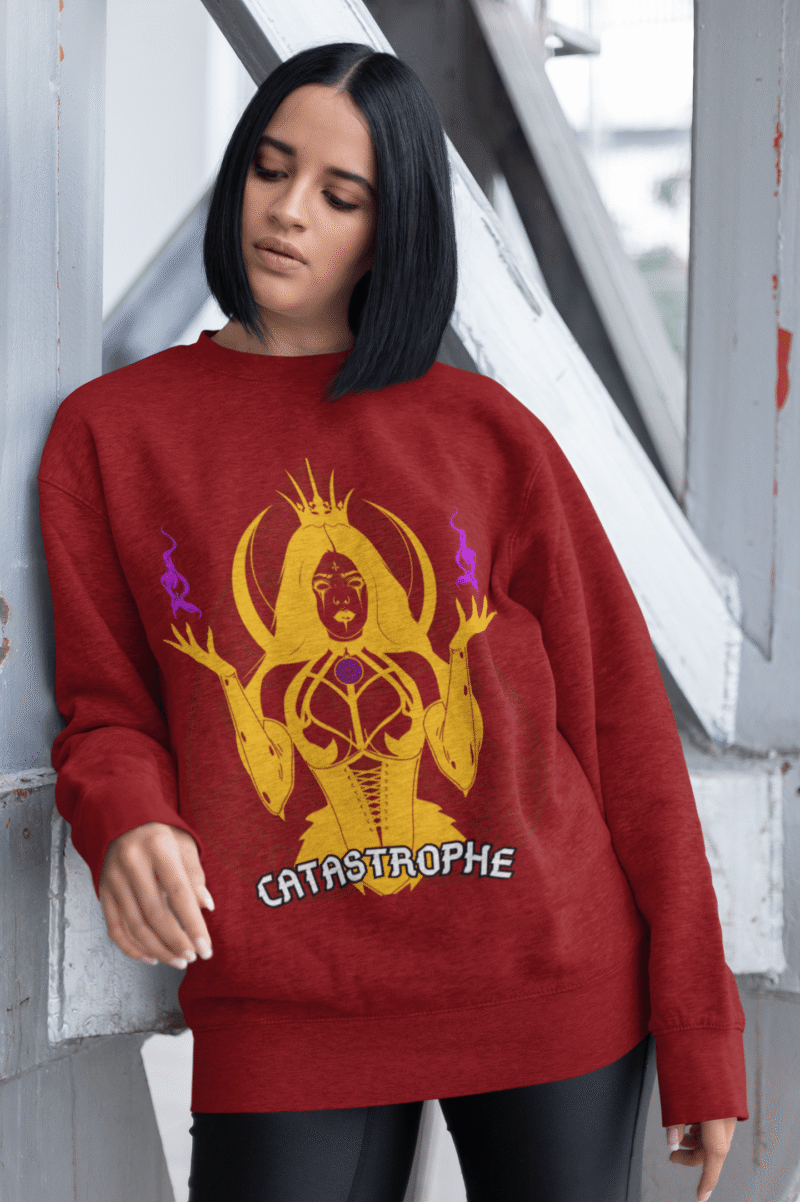 Women’s Catastrophe Mystic Sweatshirt in maroon with bold style design by PodLyft, showcasing mystical graphics for a trendy look.
