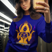 Women’s Catastrophe Mystic Sweatshirt in navy blue with bold style design by PodLyft, highlighting mystical graphics for a stylish outfit.