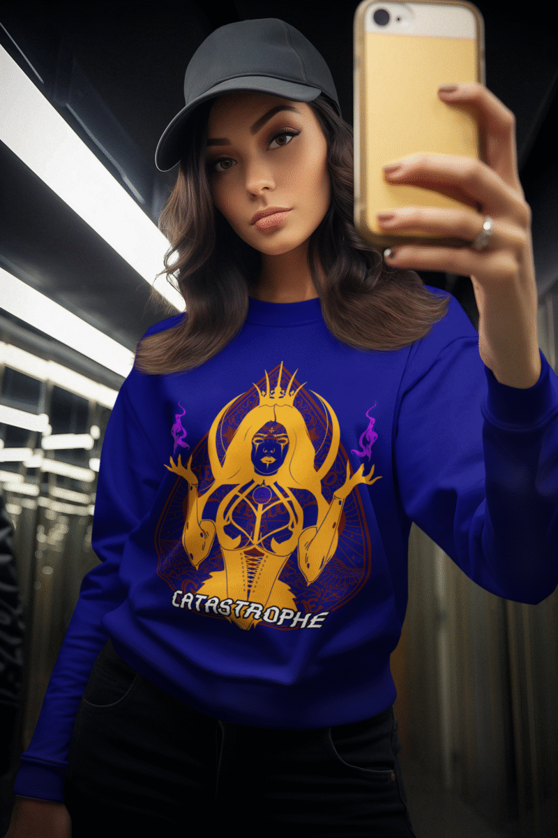 Women’s Catastrophe Mystic Sweatshirt in navy blue with bold style design by PodLyft, highlighting mystical graphics for a stylish outfit.