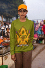 Women’s Catastrophe Mystic Sweatshirt in olive green with bold style design by PodLyft, featuring mystical graphics for a unique casual look.