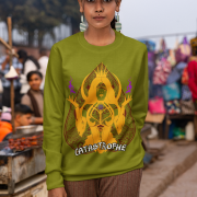Women’s Catastrophe Mystic Sweatshirt in olive green with bold style design by PodLyft, featuring mystical graphics for a unique casual look.
