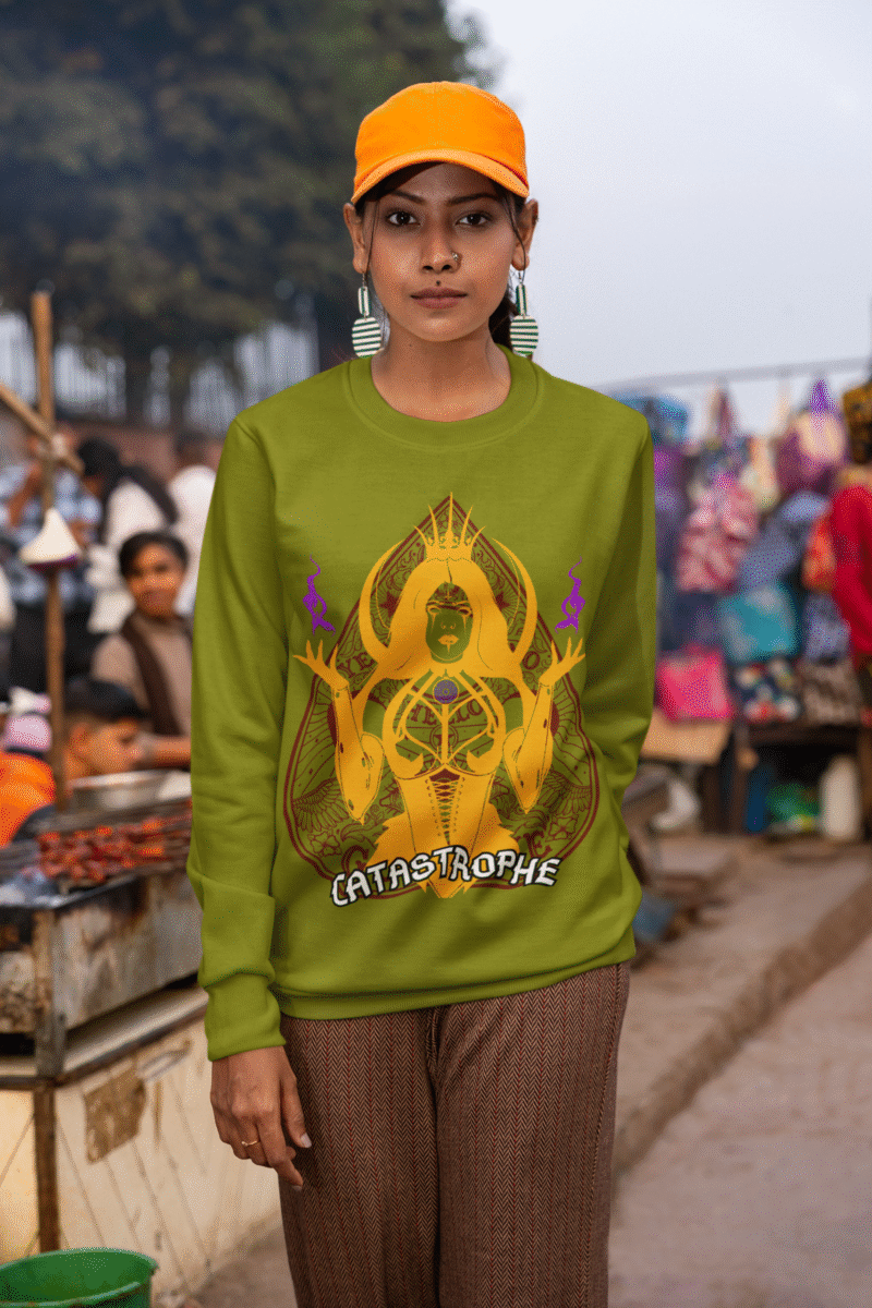 Women’s Catastrophe Mystic Sweatshirt in olive green with bold style design by PodLyft, featuring mystical graphics for a unique casual look.