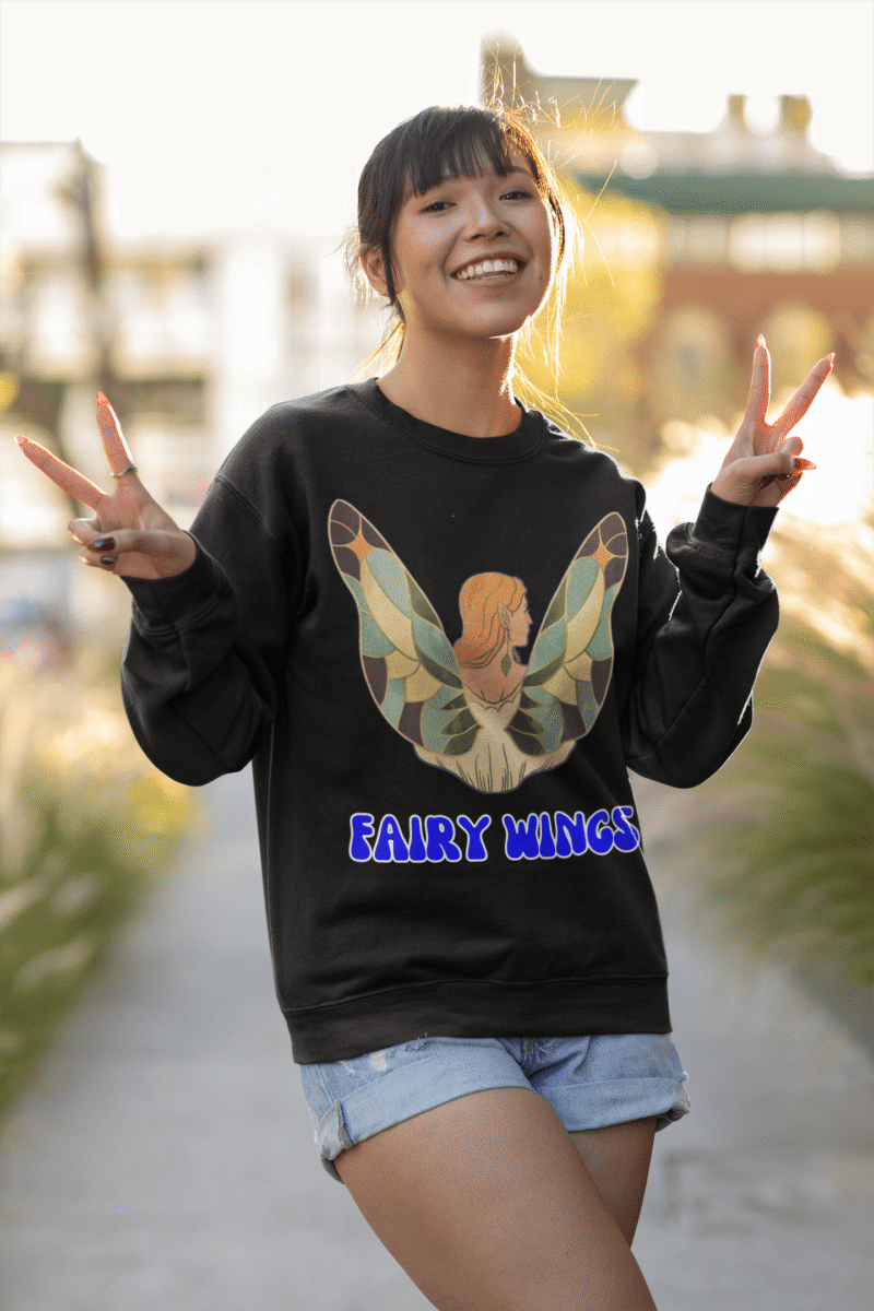 Black Women’s Fairy Wings Hoodie, enchanting style by PodLyft, featuring a magical fairy wings design, cozy 300 GSM fabric.