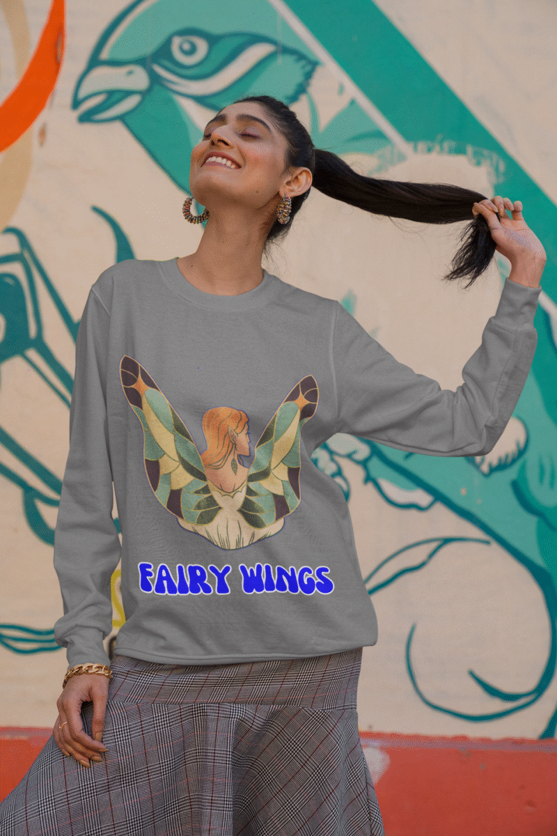 Grey Women’s Fairy Wings Hoodie, PodLyft’s enchanting design, showcasing fairy wings artwork, 300 GSM for lasting comfort.