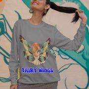 Grey Women’s Fairy Wings Hoodie, PodLyft’s enchanting design, showcasing fairy wings artwork, 300 GSM for lasting comfort.