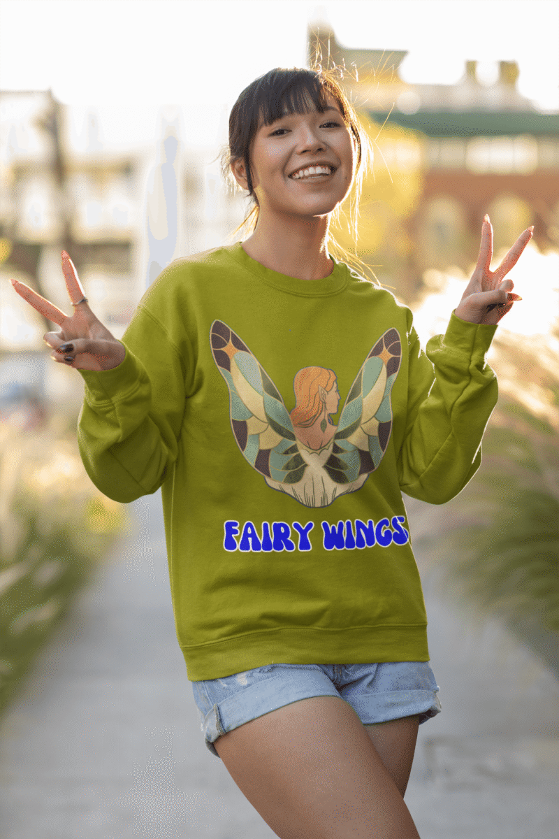 Olive Green Women’s Fairy Wings Hoodie, PodLyft’s magical design, displaying fairy wings art, 300 GSM for stylish comfort.