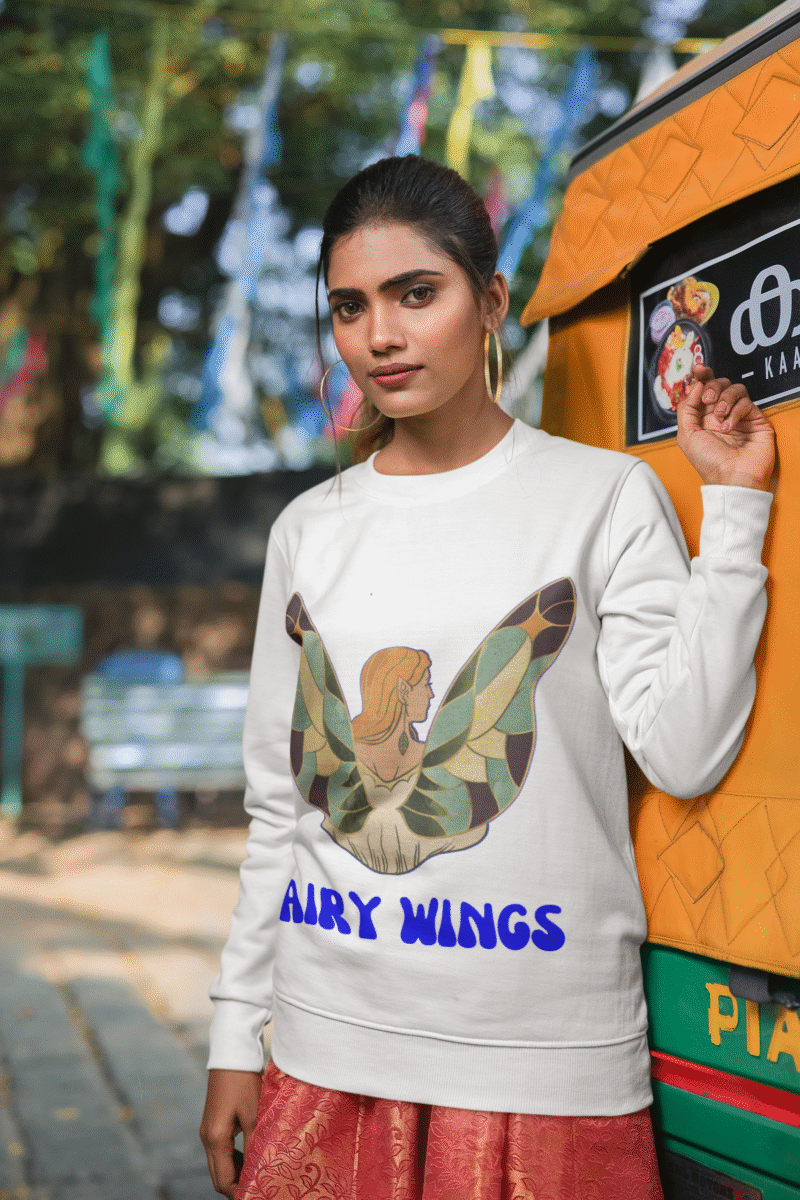 White Women’s Fairy Wings Hoodie, enchanting PodLyft piece, with a fairy wings graphic, 300 GSM fabric for elegance.