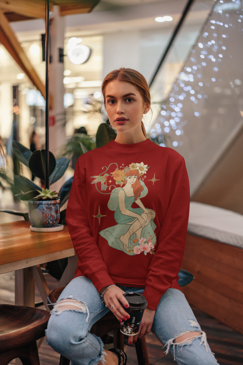 A maroon Women’s Nature Muse Sweatshirt with a vintage look from PodLyft, showcasing a DTG-printed nature-inspired design with floral and leafy patterns on the front, set against a white background.