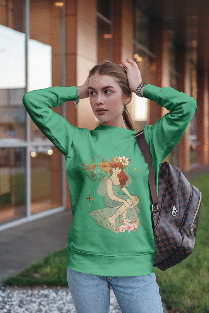 A mint green Women’s Nature Muse Sweatshirt with a vintage look from PodLyft, highlighting a DTG-printed nature-inspired design with floral and leafy patterns on the front, presented against a white background.