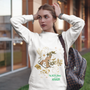 A white Women’s Nature Muse Sweatshirt with a vintage look from PodLyft, featuring a DTG-printed nature-inspired design with floral and leafy patterns on the front, shown against a white background.