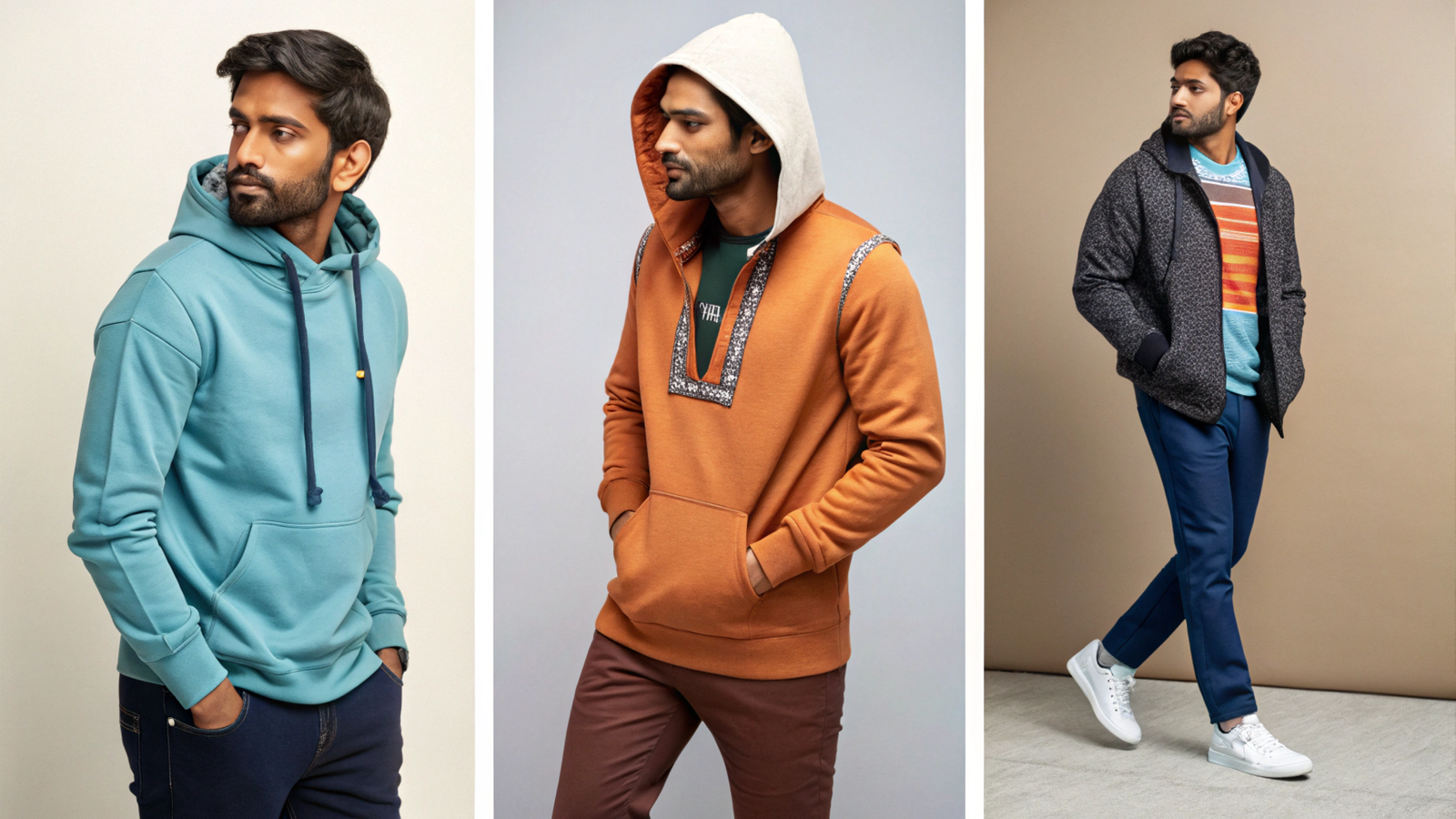 collage-of-3-indian-people-wearing-hoodies-and-swe Collage of three Indian men wearing stylish hoodies and sweatshirts.