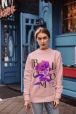 Women’s Vibrant Floral Sweatshirt in baby pink with Stay Bright design by PodLyft, featuring delicate floral graphics for a feminine style.