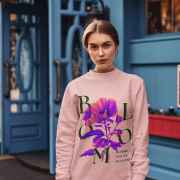 Women’s Vibrant Floral Sweatshirt in baby pink with Stay Bright design by PodLyft, featuring delicate floral graphics for a feminine style.