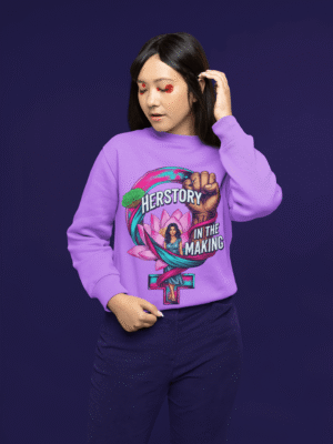 A woman wearing a vibrant light purple PodLyft Feminist Power Sweatshirt, featuring a bold graphic with a female symbol, a lotus flower, a raised fist, and the text "HERSTORY IN THE MAKING.