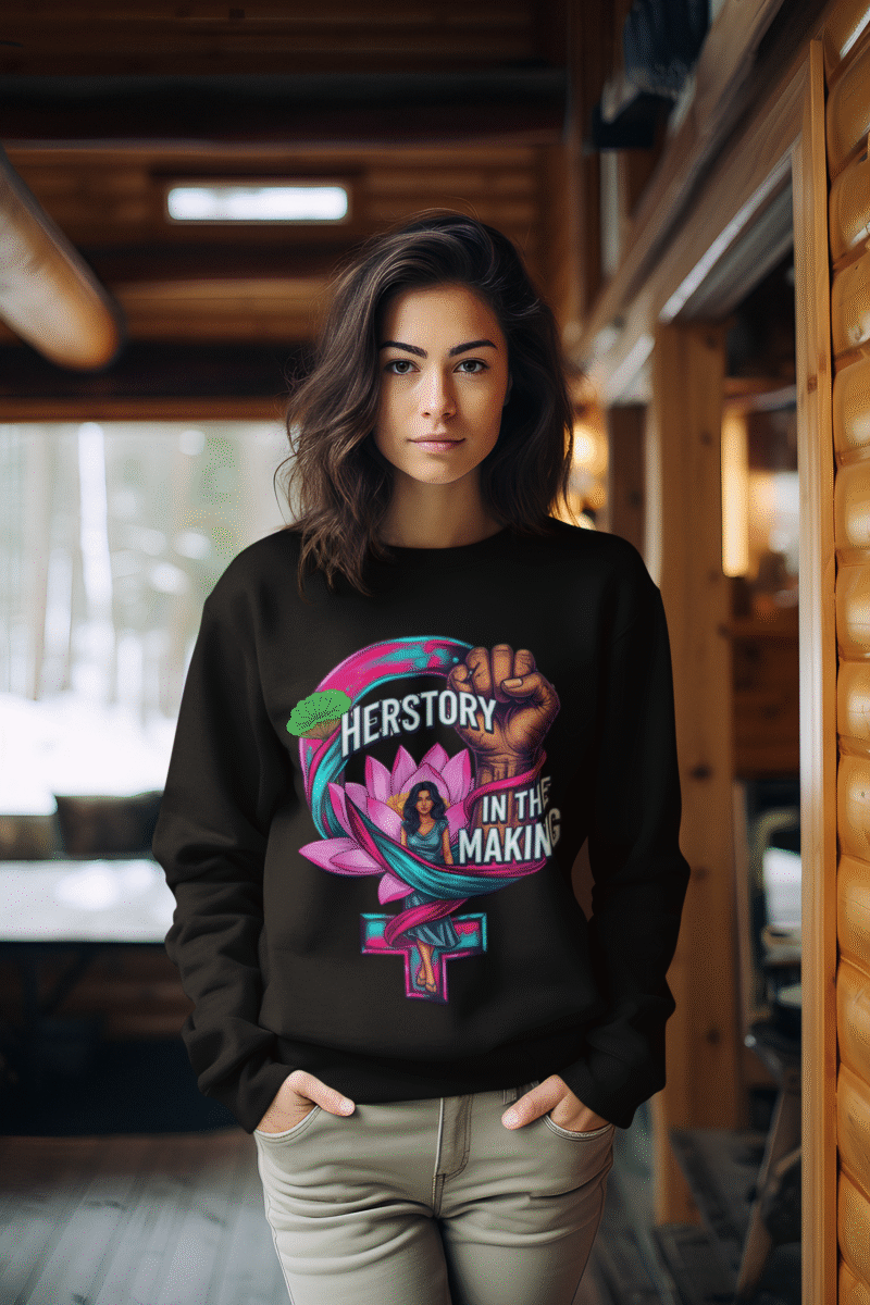 A woman wearing a black PodLyft Feminist Power Sweatshirt, featuring a bold graphic with a female symbol, a lotus flower, a raised fist, and the text "HERSTORY IN THE MAKING," standing indoors.