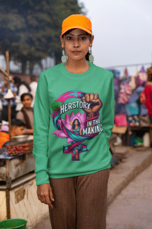 A woman wearing an orange cap and a mint green PodLyft Feminist Power Sweatshirt, featuring a bold graphic with a female symbol, a lotus flower, a raised fist, and the text "HERSTORY IN THE MAKING," standing outdoors in what appears to be a market.