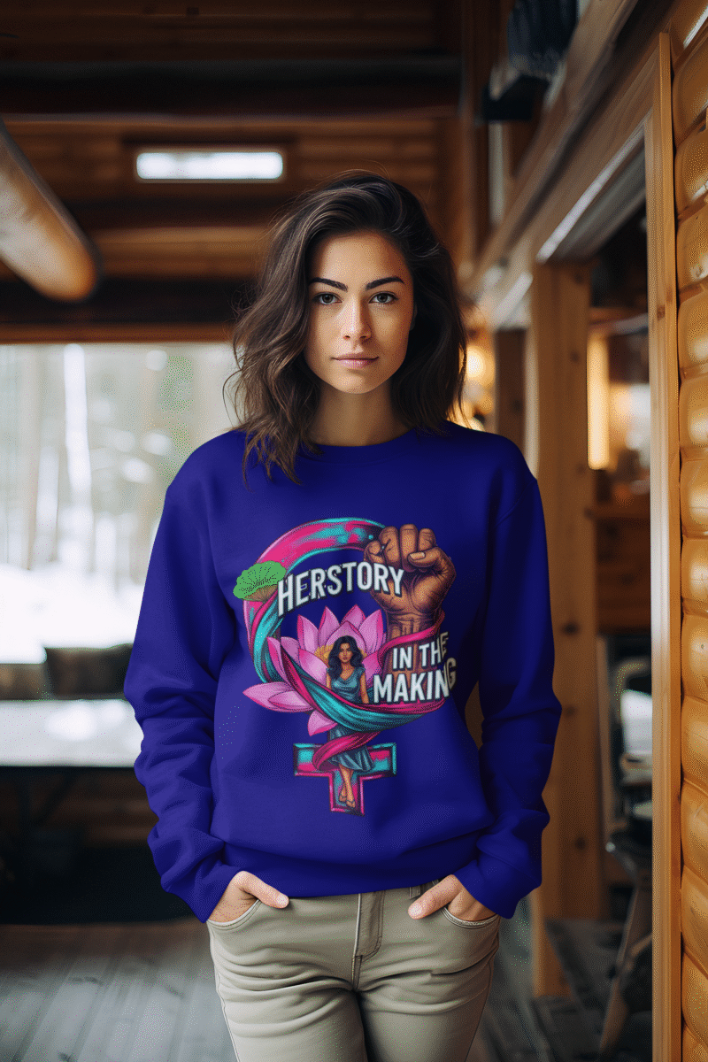 A woman wearing a navy blue PodLyft Feminist Power Sweatshirt, featuring a bold graphic with a female symbol, a lotus flower, a raised fist, and the text "HERSTORY IN THE MAKING," standing indoors.