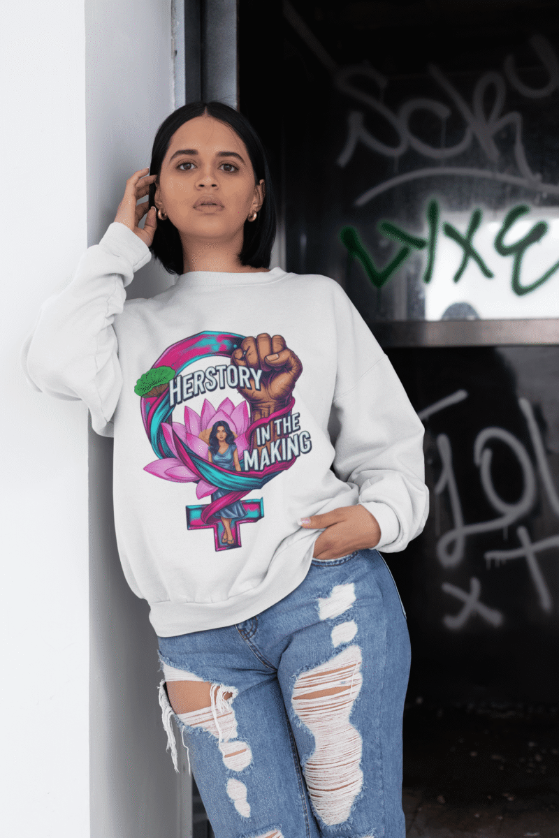 A woman wearing a white PodLyft Feminist Power Sweatshirt, featuring a bold graphic with a female symbol, a lotus flower, a raised fist, and the text "HERSTORY IN THE MAKING," leaning against a wall with graffiti.