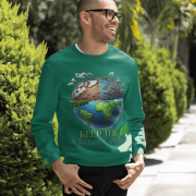 A smiling man wearing a bottle green PodLyft Earth Day Sweatshirt, featuring the "Keep the Planet Green" Earth design, posing outdoors.