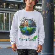 A man wearing a white PodLyft Earth Day Sweatshirt, featuring the "Keep the Planet Green" Earth design, with a black cap on backward, standing outdoors.
