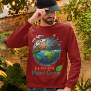 A man in a black cap wearing a maroon PodLyft Earth Day Sweatshirt, featuring the "Keep the Planet Green" Earth design, adjusting his cap outdoors.