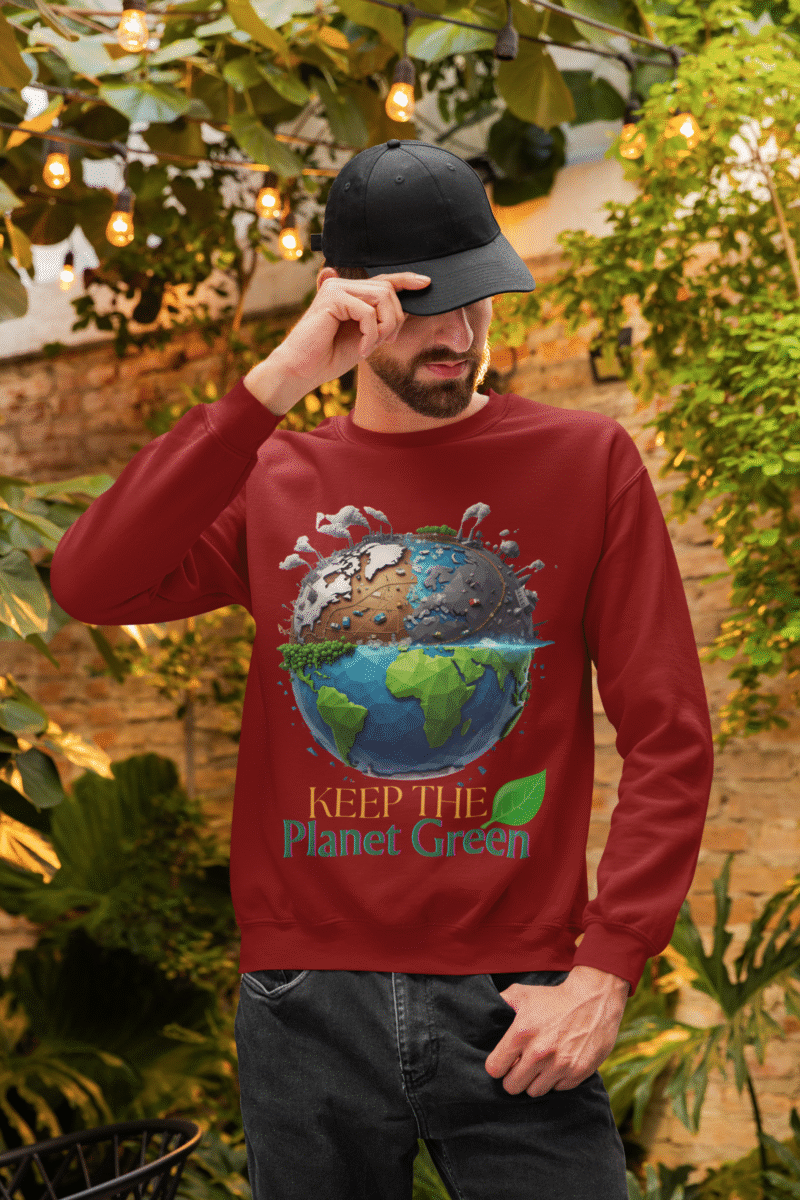A man in a black cap wearing a maroon PodLyft Earth Day Sweatshirt, featuring the "Keep the Planet Green" Earth design, adjusting his cap outdoors.