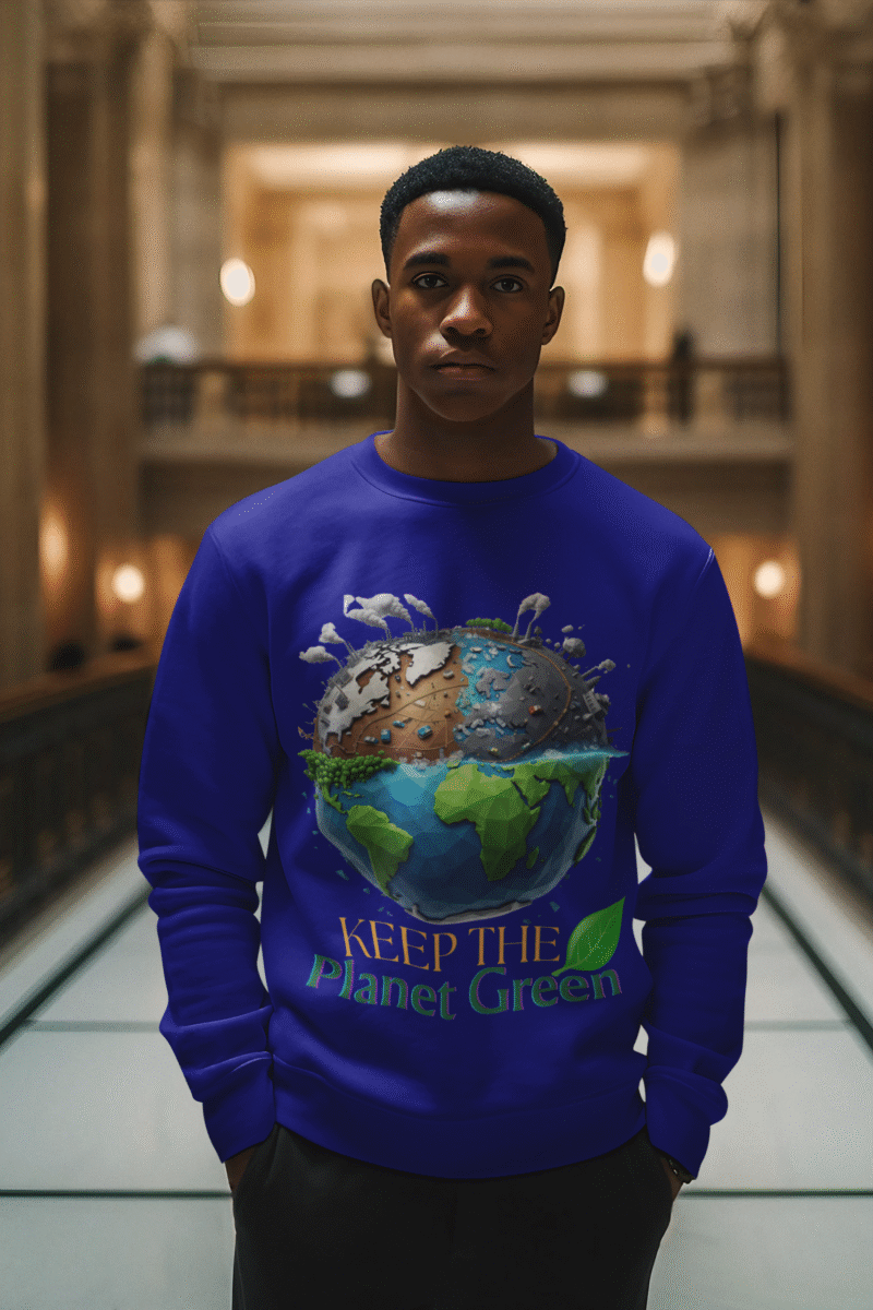 A man wearing a navy blue PodLyft Earth Day Sweatshirt, featuring the "Keep the Planet Green" Earth design, looking directly at the camera.