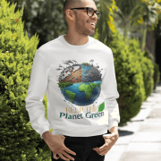 A smiling man wearing a white PodLyft Earth Day Sweatshirt, featuring the "Keep the Planet Green" Earth design.