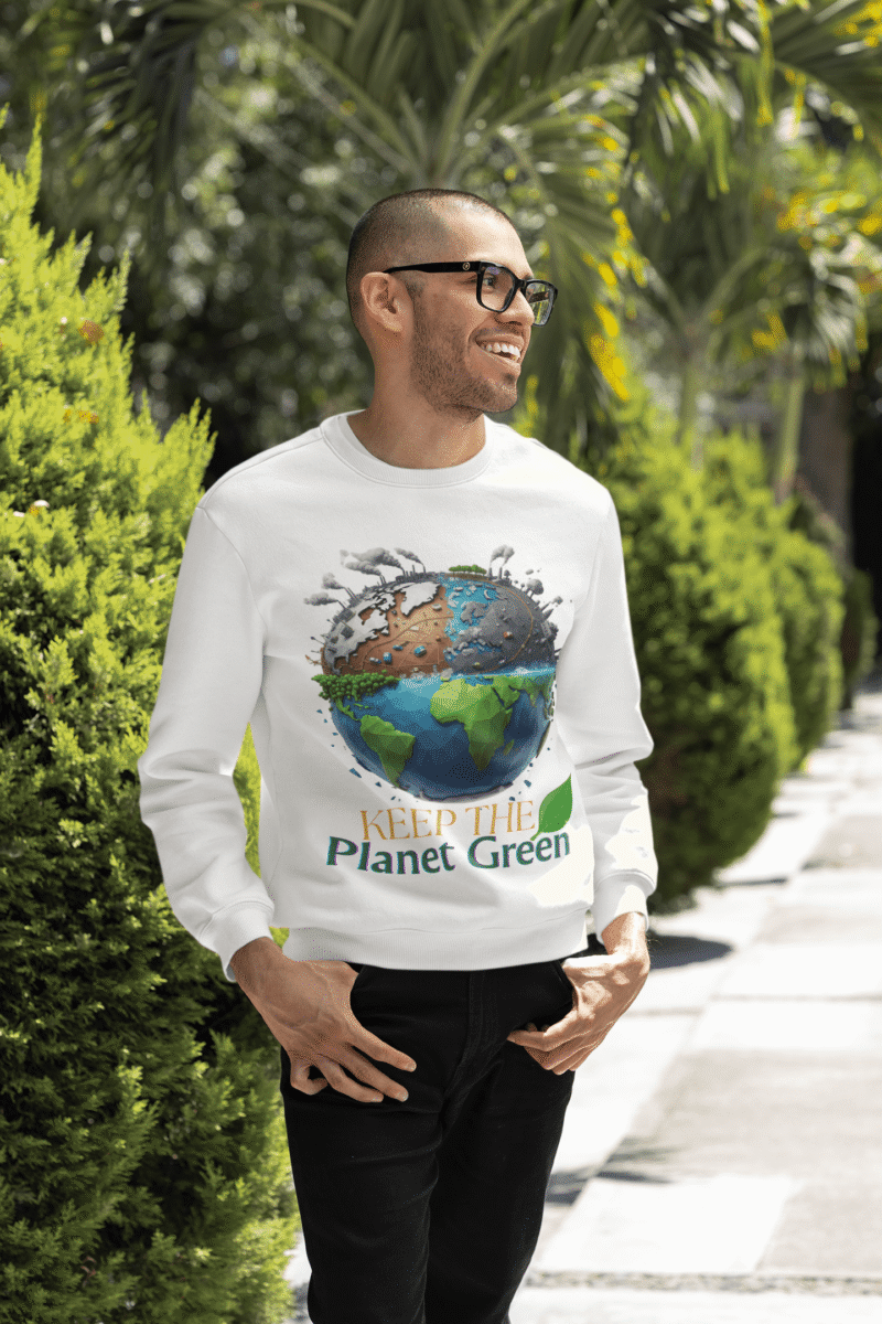 A smiling man wearing a white PodLyft Earth Day Sweatshirt, featuring the "Keep the Planet Green" Earth design.