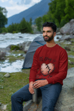 A man, possibly of Middle Eastern or South Asian descent, with dark curly hair and a beard, wearing a maroon PodLyft men's mental health sweatshirt. The sweatshirt displays the "It's Okay to Not Be Okay" design with a mended, cracked heart. He is sitting on a rock next to a flowing river, holding a silver water bottle, with mountains and trees in the background, looking into the distance.