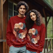 A young couple, possibly of South Asian or Middle Eastern descent, standing together outdoors on a wooden porch or deck in front of a rustic cabin. Both are wearing maroon Unity in Together sweatshirts, featuring a circular graphic with diverse profiles of people. The man has curly dark hair and is wearing light-wash jeans, and the woman has long, dark curly hair and is wearing blue jeans.