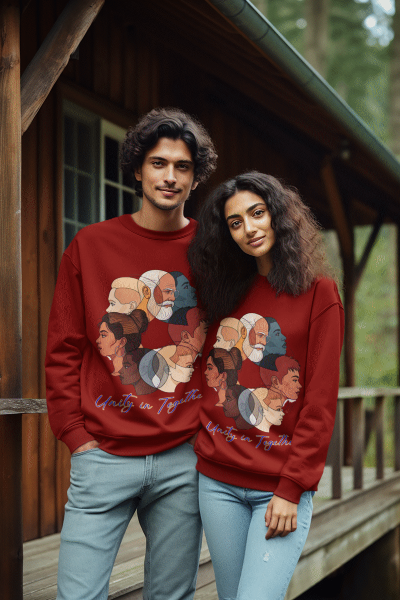 A young couple, possibly of South Asian or Middle Eastern descent, standing together outdoors on a wooden porch or deck in front of a rustic cabin. Both are wearing maroon Unity in Together sweatshirts, featuring a circular graphic with diverse profiles of people. The man has curly dark hair and is wearing light-wash jeans, and the woman has long, dark curly hair and is wearing blue jeans.