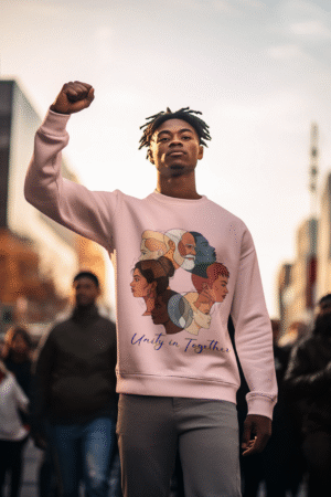 A young man, appearing to be of Black ethnicity, is pictured outdoors raising his fist in the air, wearing a light pink men's unity in together sweatshirt. The sweatshirt features a circular graphic displaying diverse faces of people from various backgrounds, with the text 'Unity in Together' beneath it. The setting appears to be a city street at dusk or dawn, with blurred figures in the background.