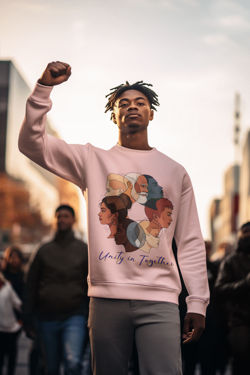 A young man, appearing to be of Black ethnicity, is pictured outdoors raising his fist in the air, wearing a light pink men's unity in together sweatshirt. The sweatshirt features a circular graphic displaying diverse faces of people from various backgrounds, with the text 'Unity in Together' beneath it. The setting appears to be a city street at dusk or dawn, with blurred figures in the background.