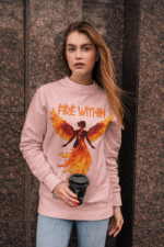 A young woman, possibly of Caucasian descent with light brown hair, wearing a baby pink PodLyft women's Fire Within sweatshirt. The sweatshirt features a graphic of a human heart with stylized flames emanating from its top, and the text "HAS FIRE WITHIN" written above and below it. She is looking directly at the camera with a subtle smile, standing against a plain light grey background.