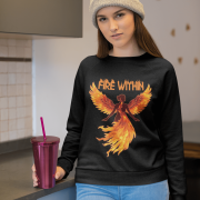 A young woman, possibly of Caucasian descent with light brown hair, wearing a black PodLyft women's Fire Within sweatshirt. The sweatshirt features a graphic of a human heart with stylized flames emanating from its top, and the text "FIRE WITHIN" written above and below it. She is looking directly at the camera with a subtle smile, standing against a plain light grey background.