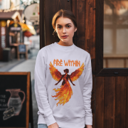 A young woman, possibly of Caucasian descent with light brown hair, wearing a lavender PodLyft women's Fire Within sweatshirt. The sweatshirt features a graphic of a human heart with stylized flames emanating from its top, and the text "FIRE WITHIN" written above and below it. She is looking directly at the camera with a subtle smile, standing against a plain light grey background.