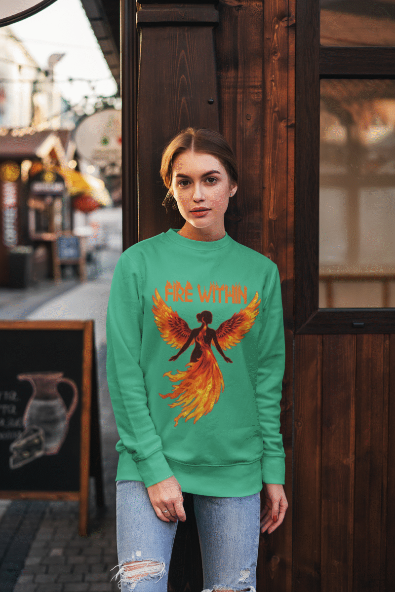 A young woman, possibly of Caucasian descent with light brown hair, wearing a mint green PodLyft women's Fire Within sweatshirt. The sweatshirt features a graphic of a human heart with stylized flames emanating from its top, and the text "FIRE WITHIN" is written above and below it. She is smiling and looking towards the camera, standing against a plain light grey background.