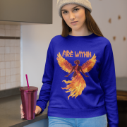 A young woman, possibly of Caucasian descent with light brown hair, wearing a navy blue PodLyft women's Fire Within sweatshirt. The sweatshirt features a graphic of a human heart with stylized flames emanating from its top, and the text "FIRE WITHIN" written above and below it. She is looking directly at the camera with a subtle smile, standing against a plain light grey background.