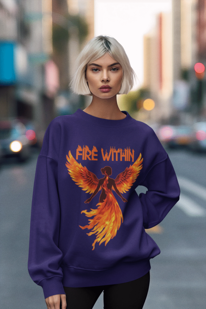 A young woman, possibly of Caucasian descent with light brown hair, wearing a purple PodLyft women's Fire Within sweatshirt. The sweatshirt features a graphic of a human heart with stylized flames emanating from its top, and the text "SHE HAS FIRE WITHIN HER" written above and below it. She is looking directly at the camera with a subtle smile, standing against a plain light grey background.