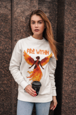 A young woman, possibly of Caucasian descent with light brown hair, wearing a white PodLyft women's Fire Within sweatshirt. The sweatshirt features a graphic of a human heart with stylized flames emanating from its top, and the text "FIRE WITHIN" written above and below it. She is looking directly at the camera with a subtle smile, standing against a plain light grey background.